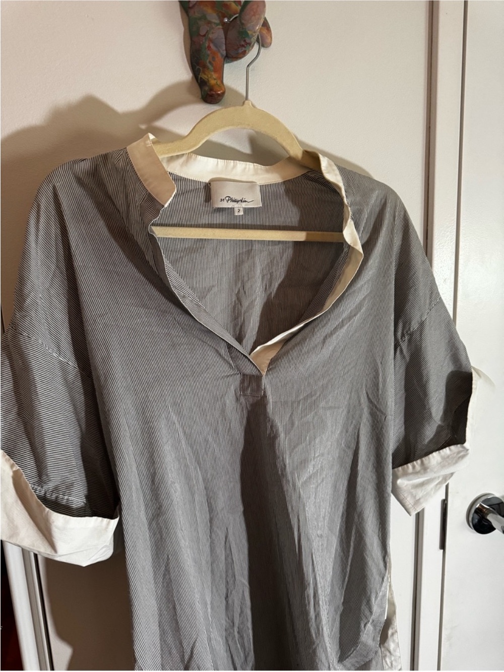 3.1 Phillip Lim Pinstripe Tunic White Cuff Split Neck Short Sleeve Size 2 - Picture 7 of 9